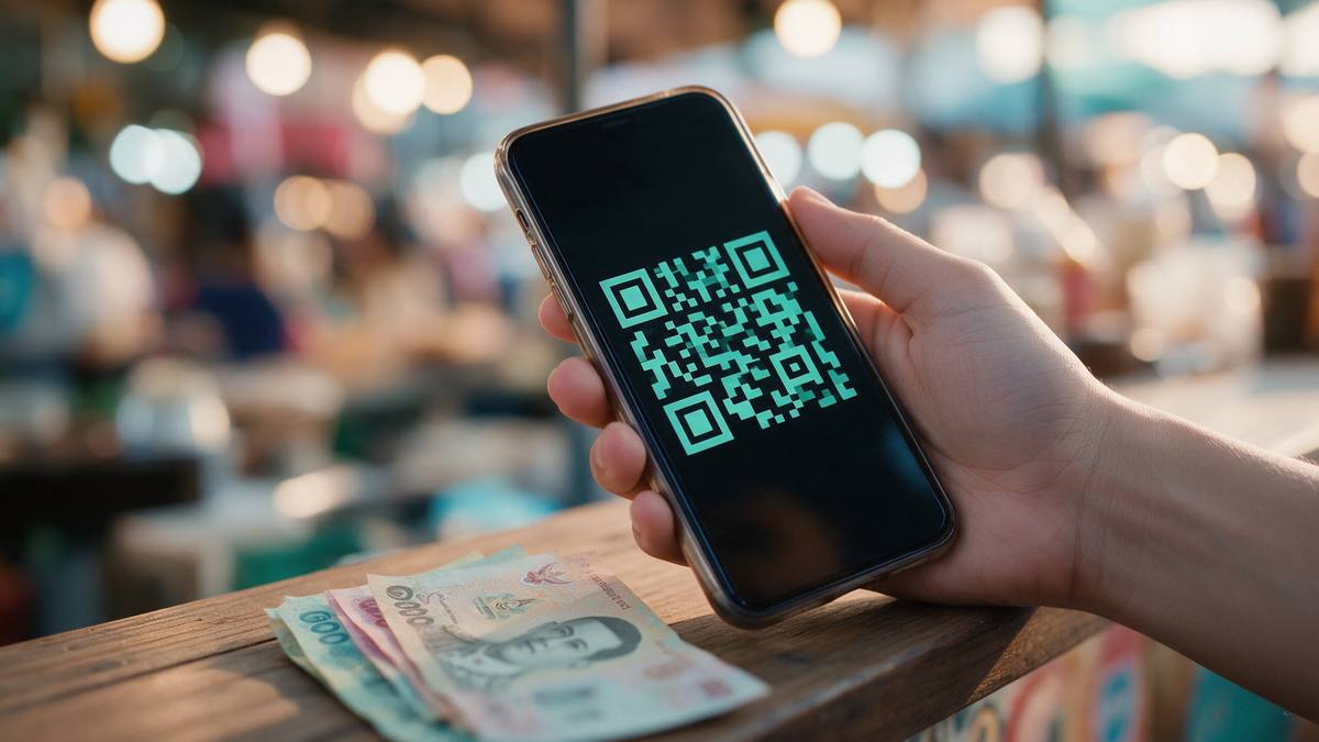 Hand mit Smartphone und QR-Code an einem Garküchenstand, daneben Baht-Scheine auf dem Holztresen