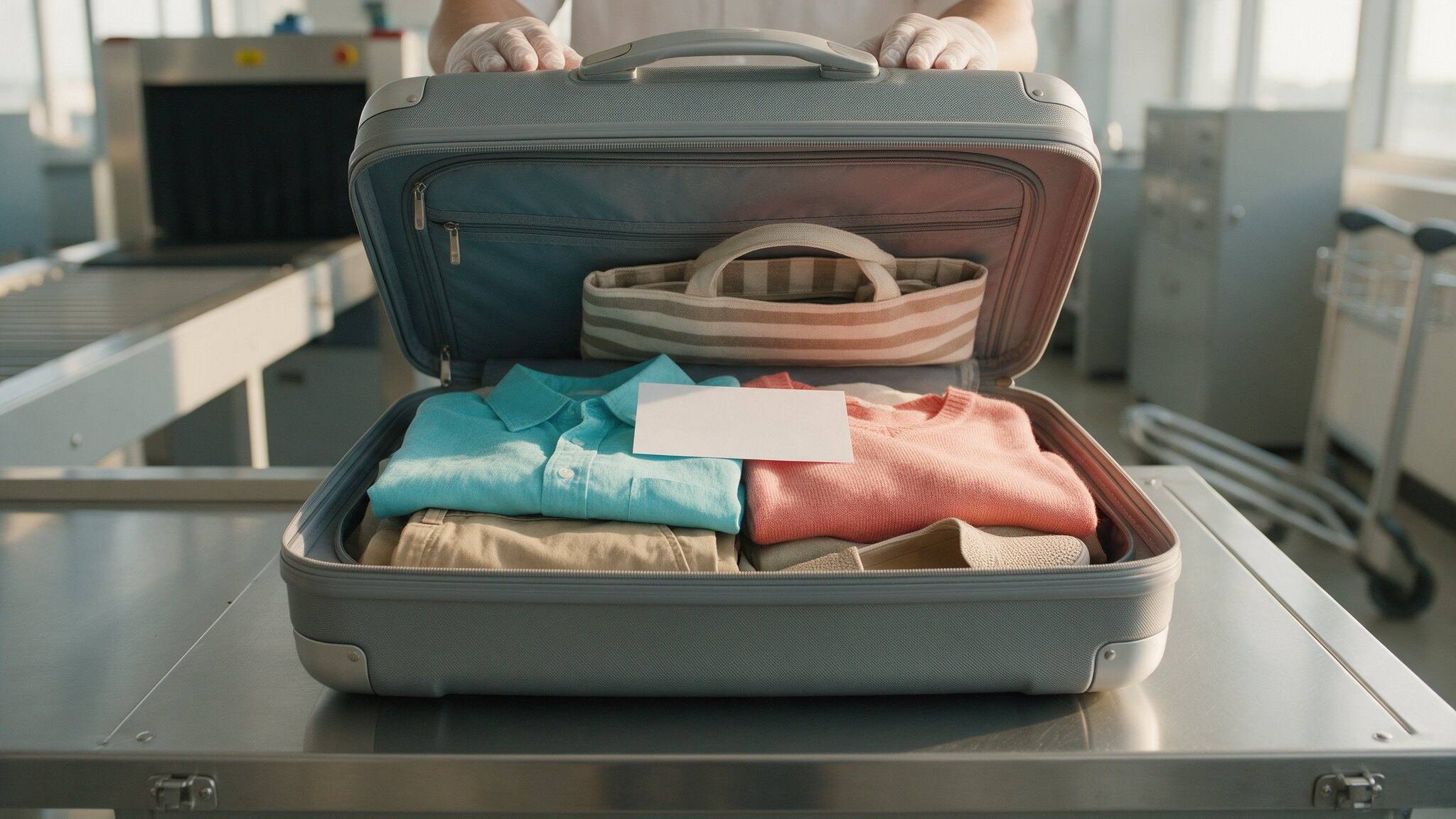 Geöffneter Koffer mit gefalteter Kleidung und weißem Hinweiszettel auf einem Kontrolltisch am Flughafen