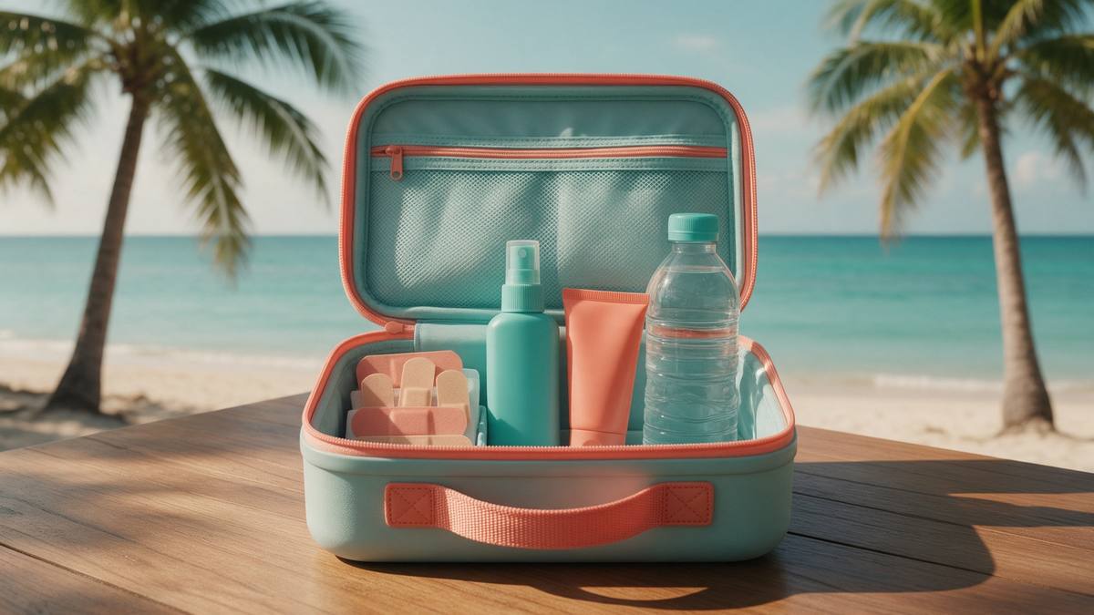 Offene Reiseapotheke mit Pflastern, Mückenspray und Sonnencreme auf einem Holztisch am Strand von Thailand