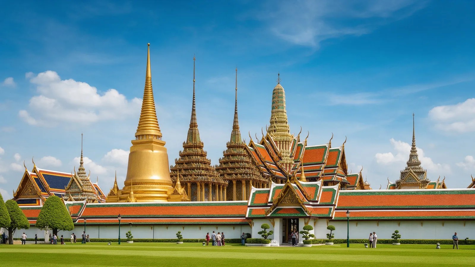 Gilded towers and colourful roofs of the Grand Palace in Bangkok under a blue sky