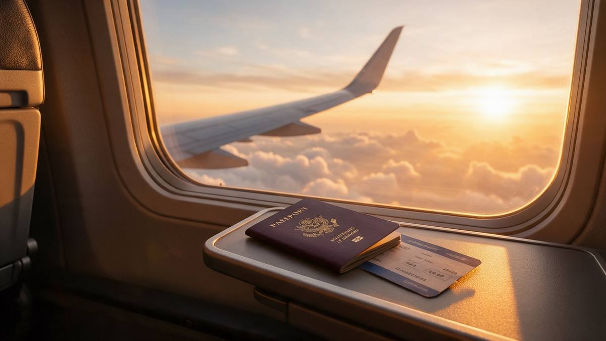Blick aus dem Flugzeugfenster auf die Tragfläche über den Wolken, im Hintergrund die Küste Thailands im Morgenlicht