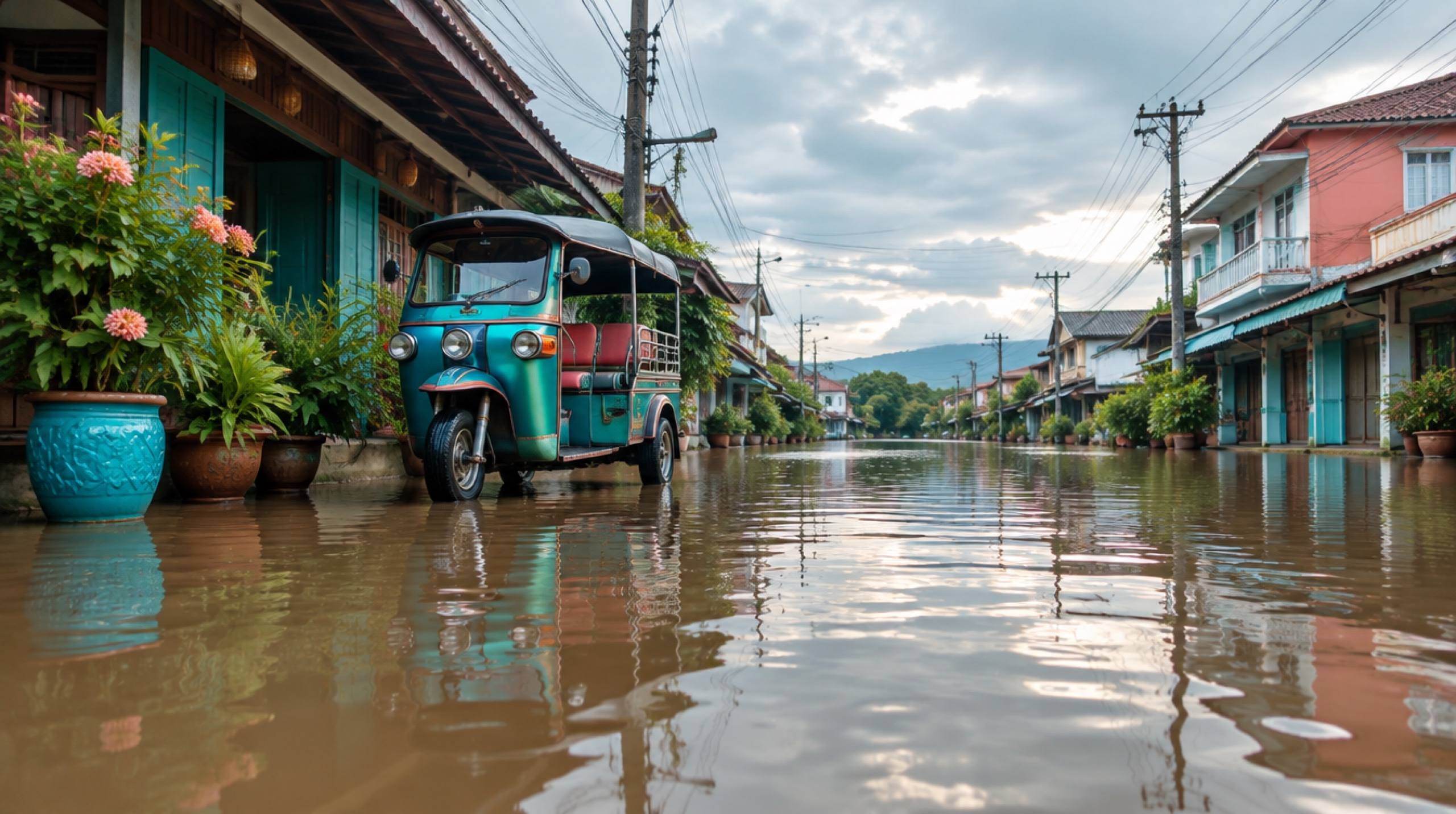 Überflutete Straße in einer thailändischen Kleinstadt mit Tuk-Tuk und Blumentöpfen im Wasser