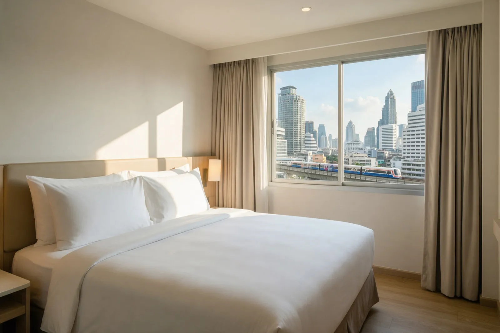 Bright hotel room in Bangkok with a large window and a view of the skyline