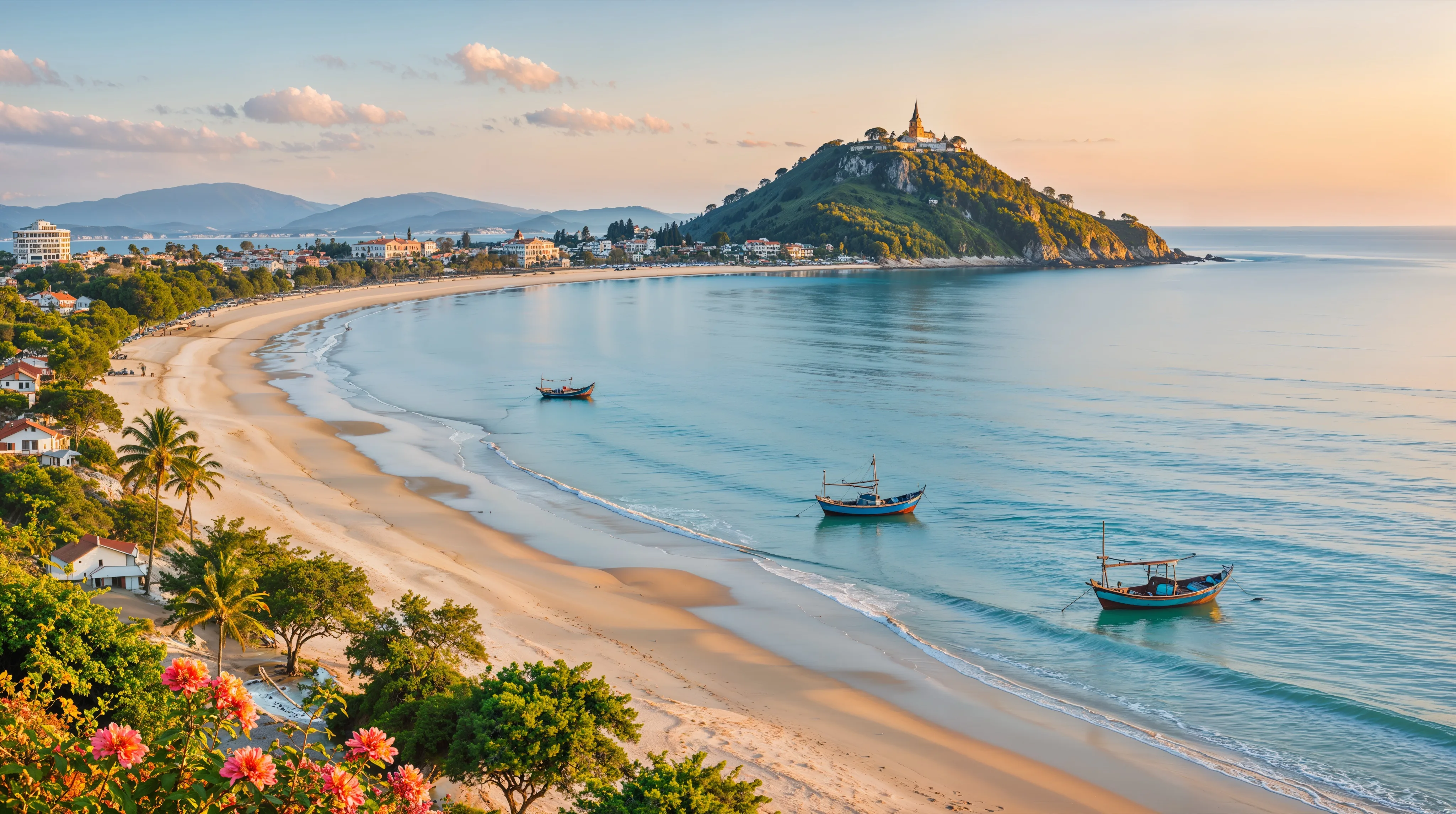 Geschwungener Sandstrand von Hua Hin im warmen Abendlicht, am Ende der Bucht ein grüner Hügel mit goldenem Tempel, Fischerboote im Wasser