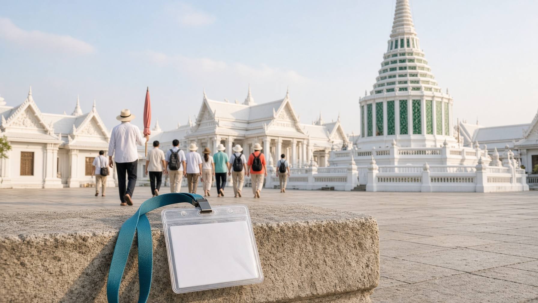Tempelhof mit weißer Stupa aus grünem Glas in Bangkok, eine Gruppe Touristen folgt von hinten einem Guide mit Schirm, im Vordergrund ein leeres Namensschild an einem Band auf einem Steinsims