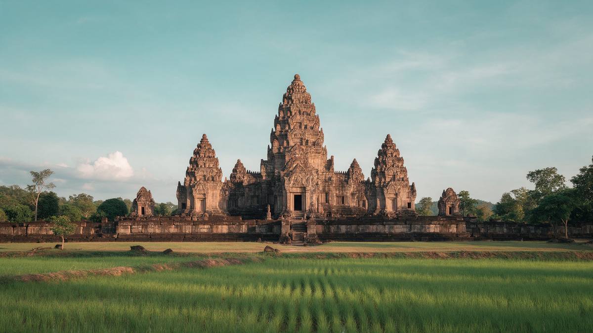 Khmer-Tempel Phanom Rung aus Sandstein im warmen Nachmittagslicht, davor grüne Reisfelder im Nordosten Thailands