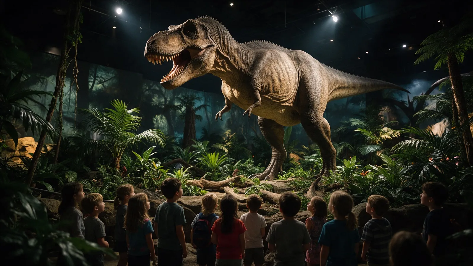 Lebensgroßer Dinosaurier in einer dunklen, nebligen Kulisse bei Jurassic World The Experience in Bangkok