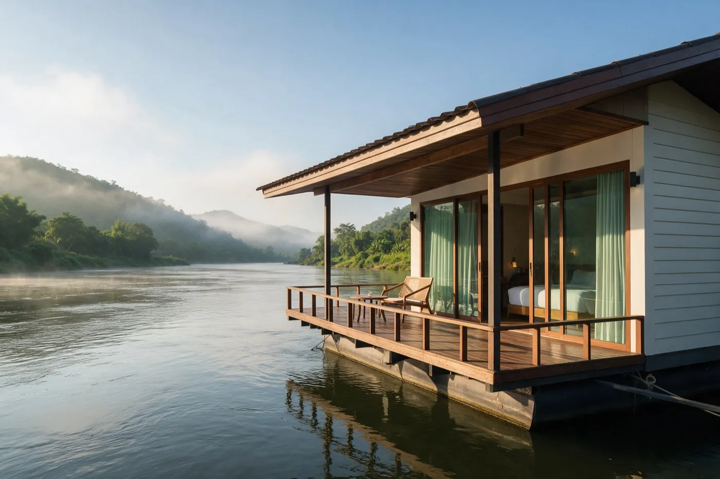 Schwimmender Bungalow auf dem Fluss Kwai in Kanchanaburi