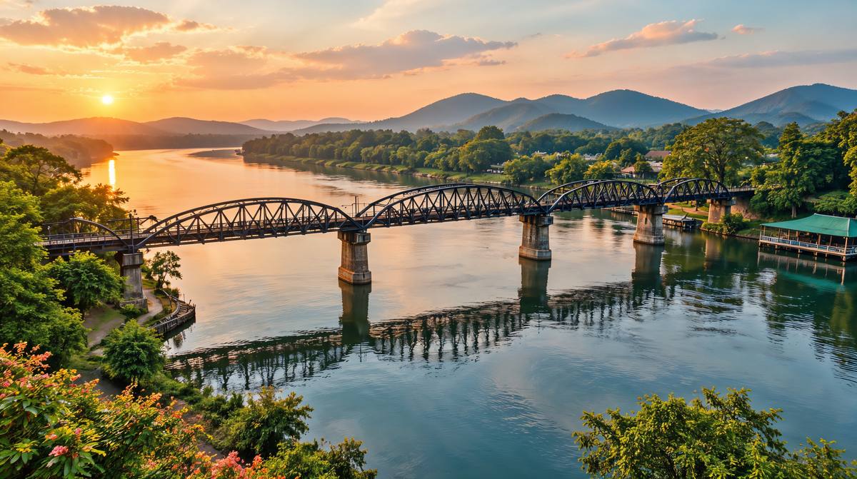 Die Stahlbrücke am Kwai mit ihren gebogenen Bögen über dem ruhigen Fluss im warmen Abendlicht, am Ufer grüne Bäume und Berge im Hintergrund