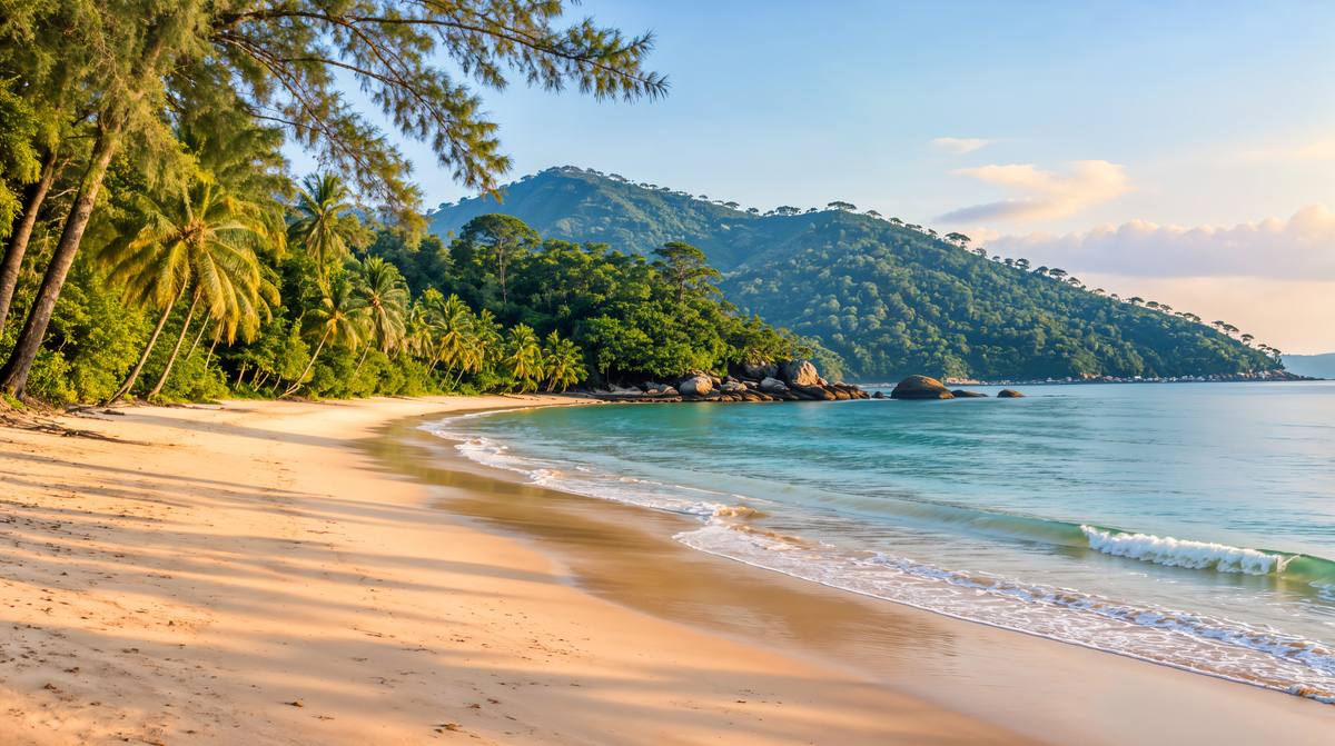 Breiter, ruhiger Sandstrand von Khao Lak im Morgenlicht, gesäumt von Kasuarinen und Kokospalmen, dahinter bewaldete Hügel, ruhige Andamanensee