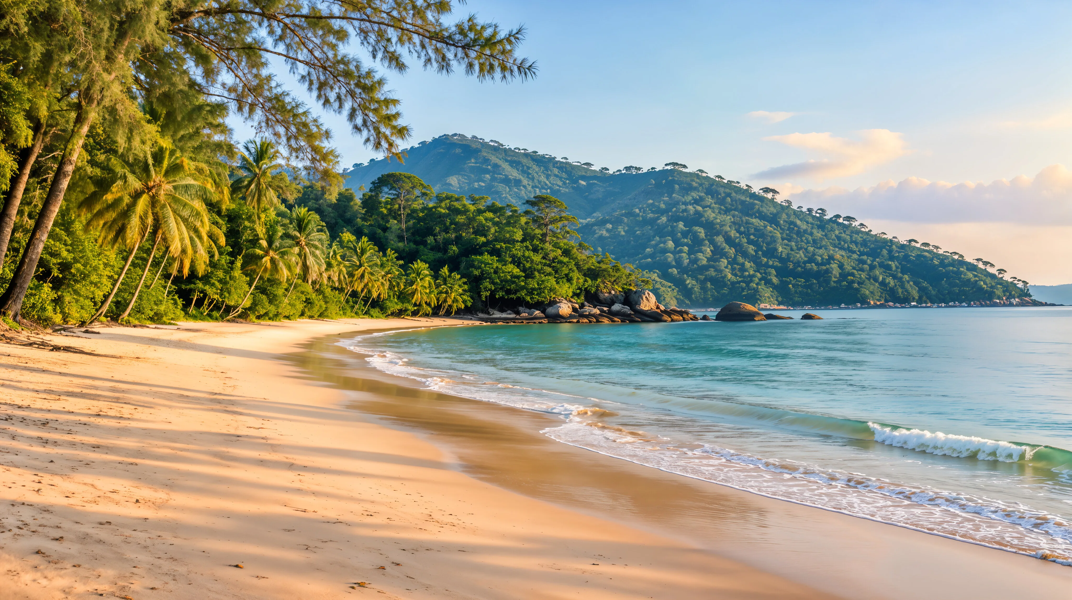 Breiter, ruhiger Sandstrand von Khao Lak im Morgenlicht, gesäumt von Kasuarinen und Kokospalmen, dahinter bewaldete Hügel, ruhige Andamanensee