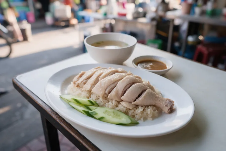 Khao Man Gai (Hühnchen mit Reis) an einem Straßenstand in Thailand