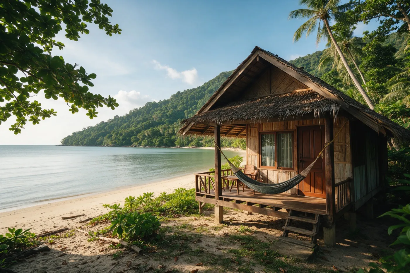 Holzbungalow mit Hängematte am Strand auf Koh Chang