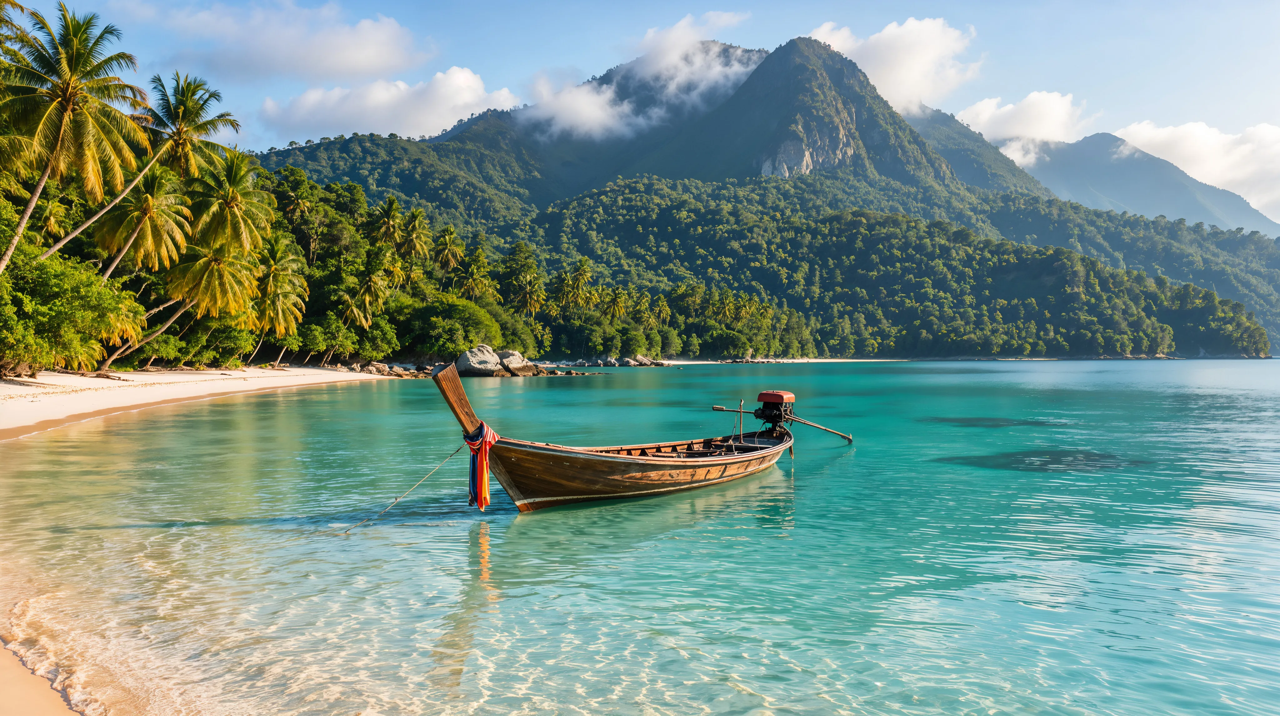Ruhige Bucht auf Koh Chang mit hellem Sandstrand, Palmen und türkisem Wasser, dahinter steile, dicht bewaldete Berge mit Wolken, ein Longtailboot im flachen Wasser