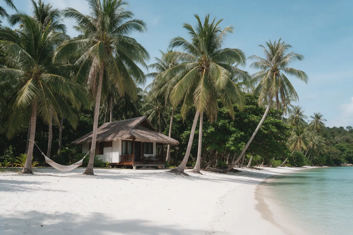 Bangalô de praia entre coqueiros na areia branca de Koh Kood