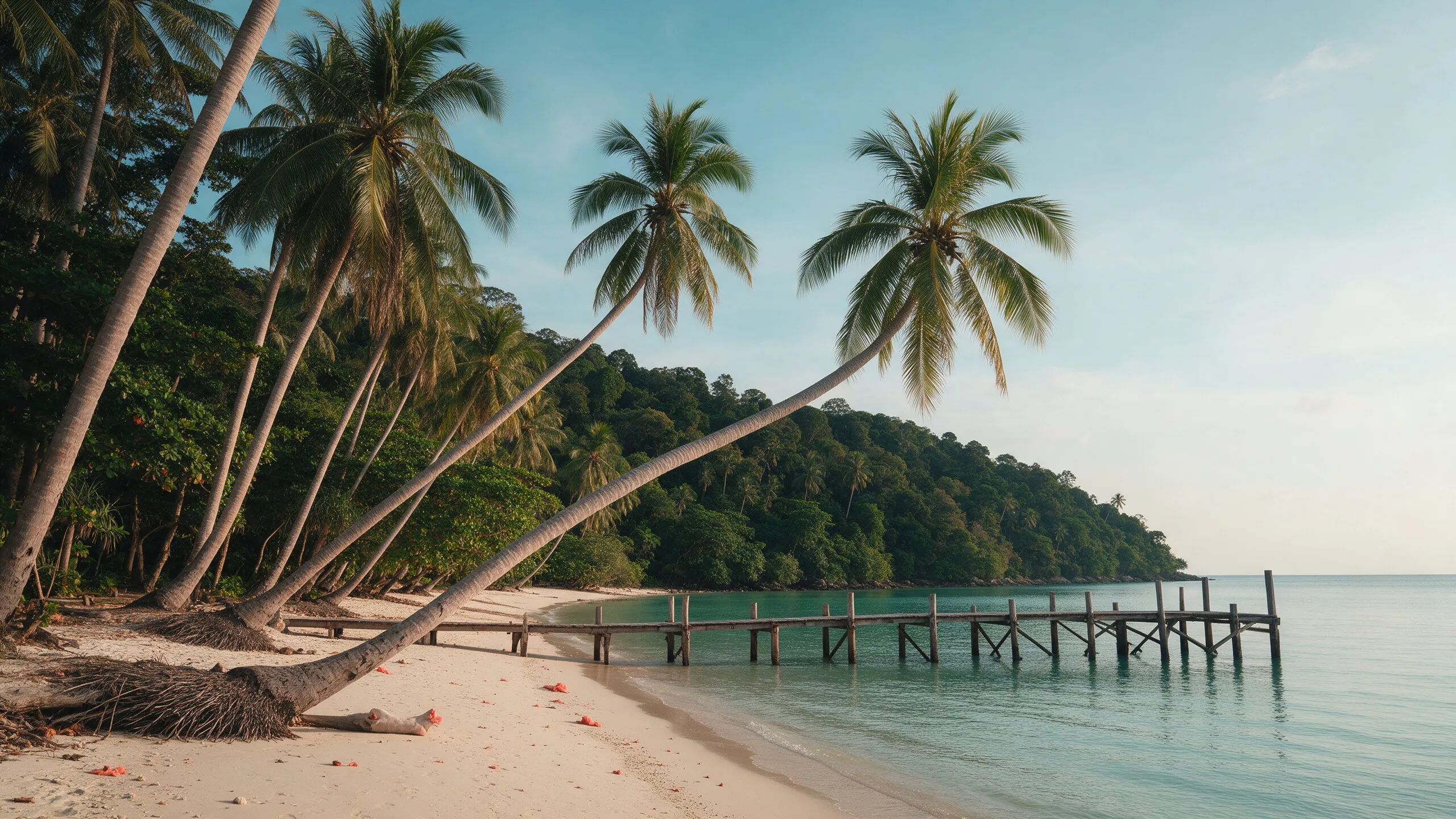Ruhiger Strand auf Koh Kood mit schrägen Kokospalmen und einem Holzsteg ins ruhige türkisfarbene Wasser