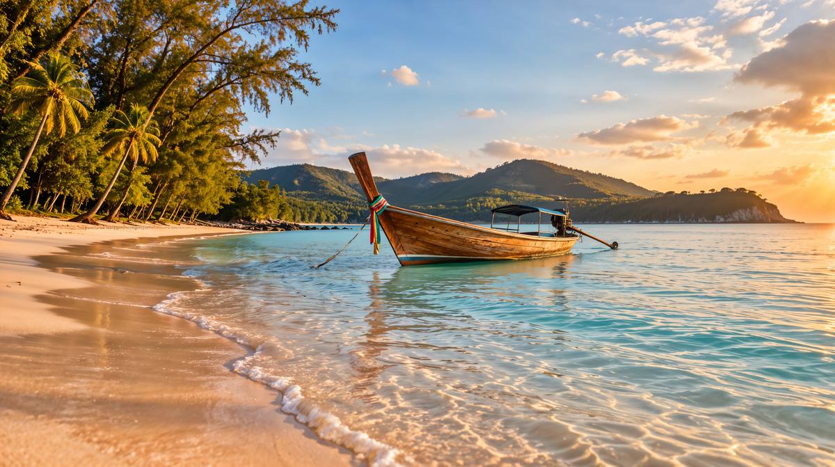 Langer, fast leerer Sandstrand an der Westküste von Koh Lanta im Abendlicht, Kasuarinen und Palmen am Ufer, ein Longtailboot im ruhigen Wasser