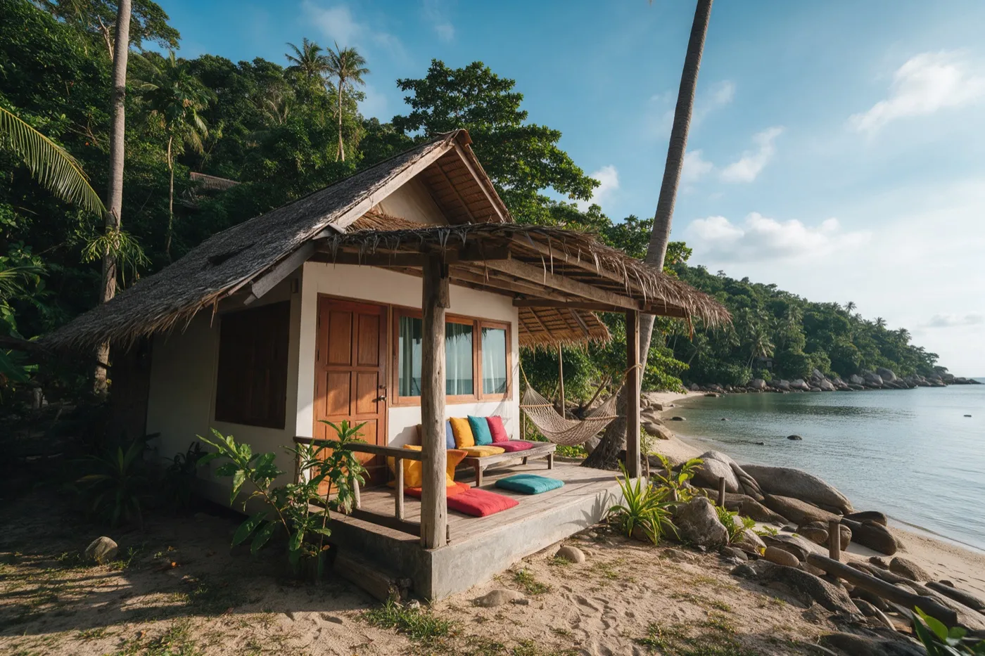 Bangalô com redes e almofadas coloridas em Koh Phangan