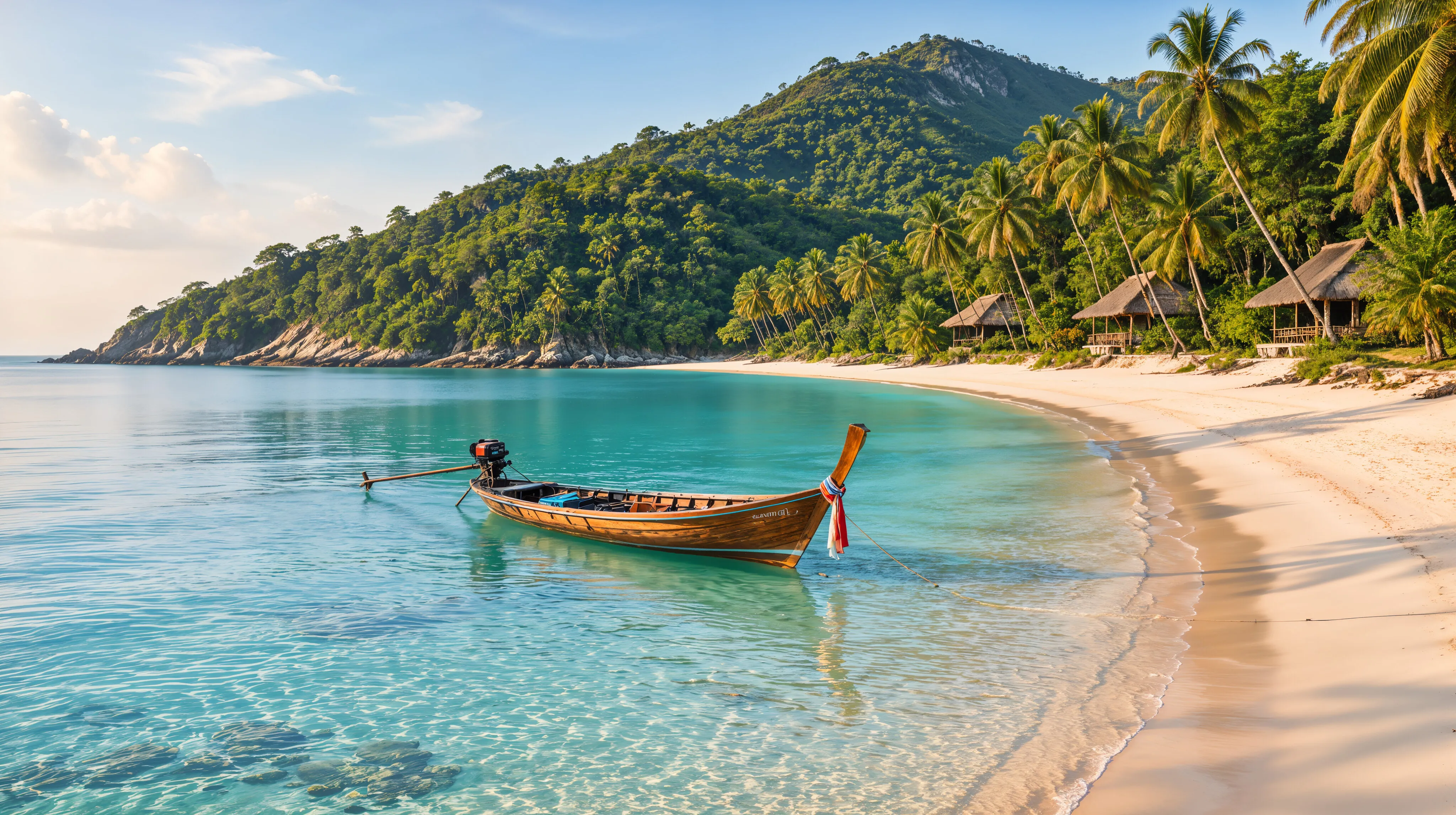 Halbrunde Bucht mit weißem Sand und Kokospalmen auf Koh Phangan, dahinter grüne Hügel, im flachen türkisfarbenen Wasser ein Longtail-Boot