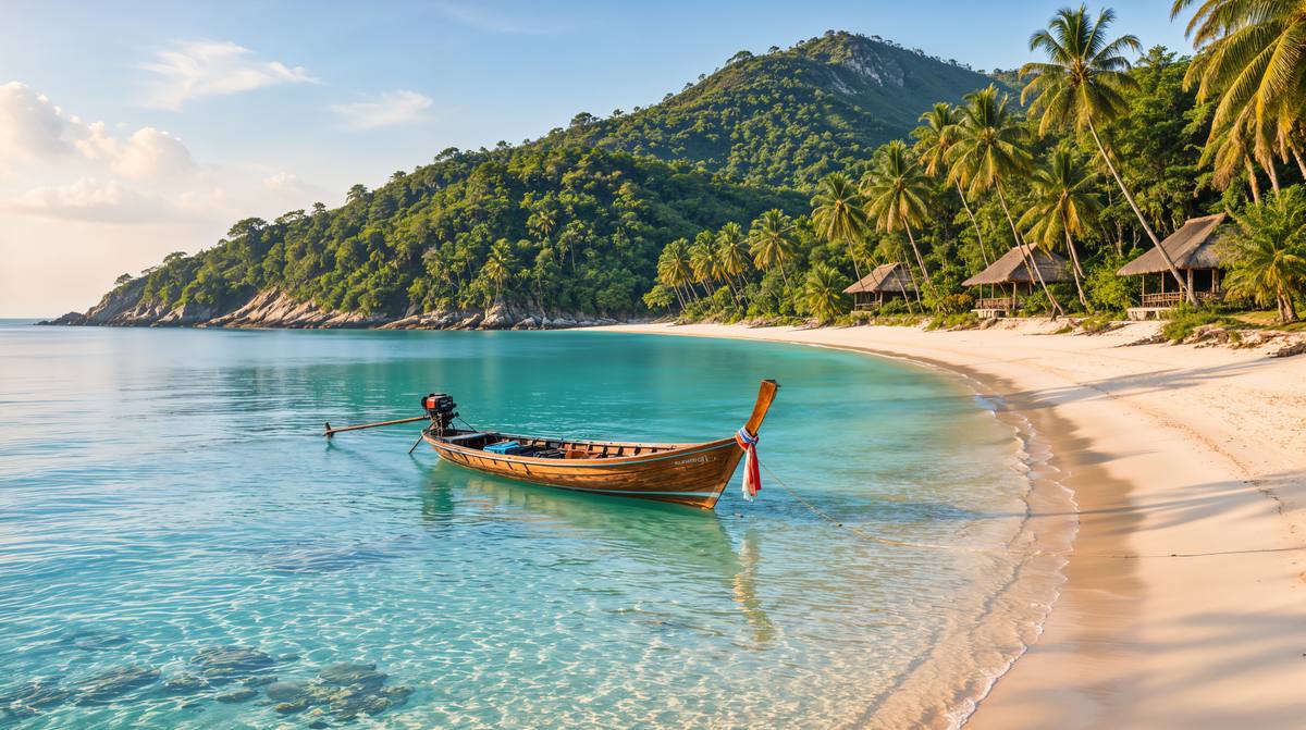 Baía em meia-lua com areia branca e coqueiros em Koh Phangan, com colinas verdes ao fundo e um barco long-tail na água rasa e turquesa