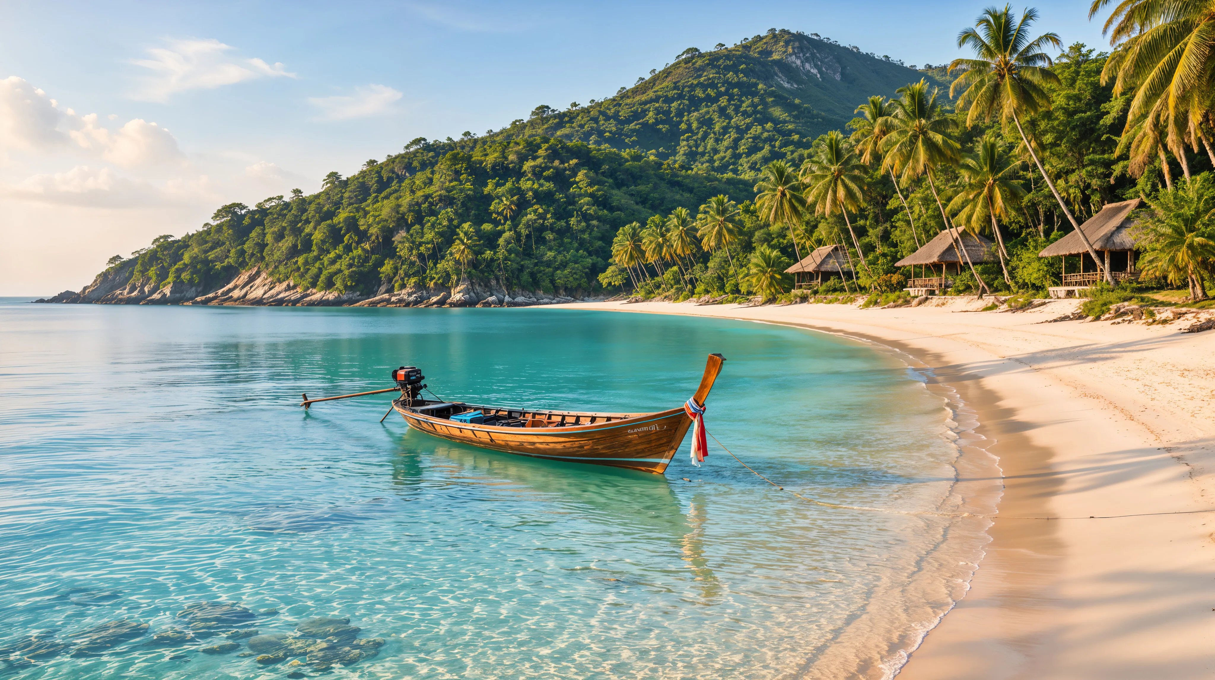 Halbrunde Bucht mit weißem Sand und Kokospalmen auf Koh Phangan, dahinter grüne Hügel, im flachen türkisfarbenen Wasser ein Longtail-Boot