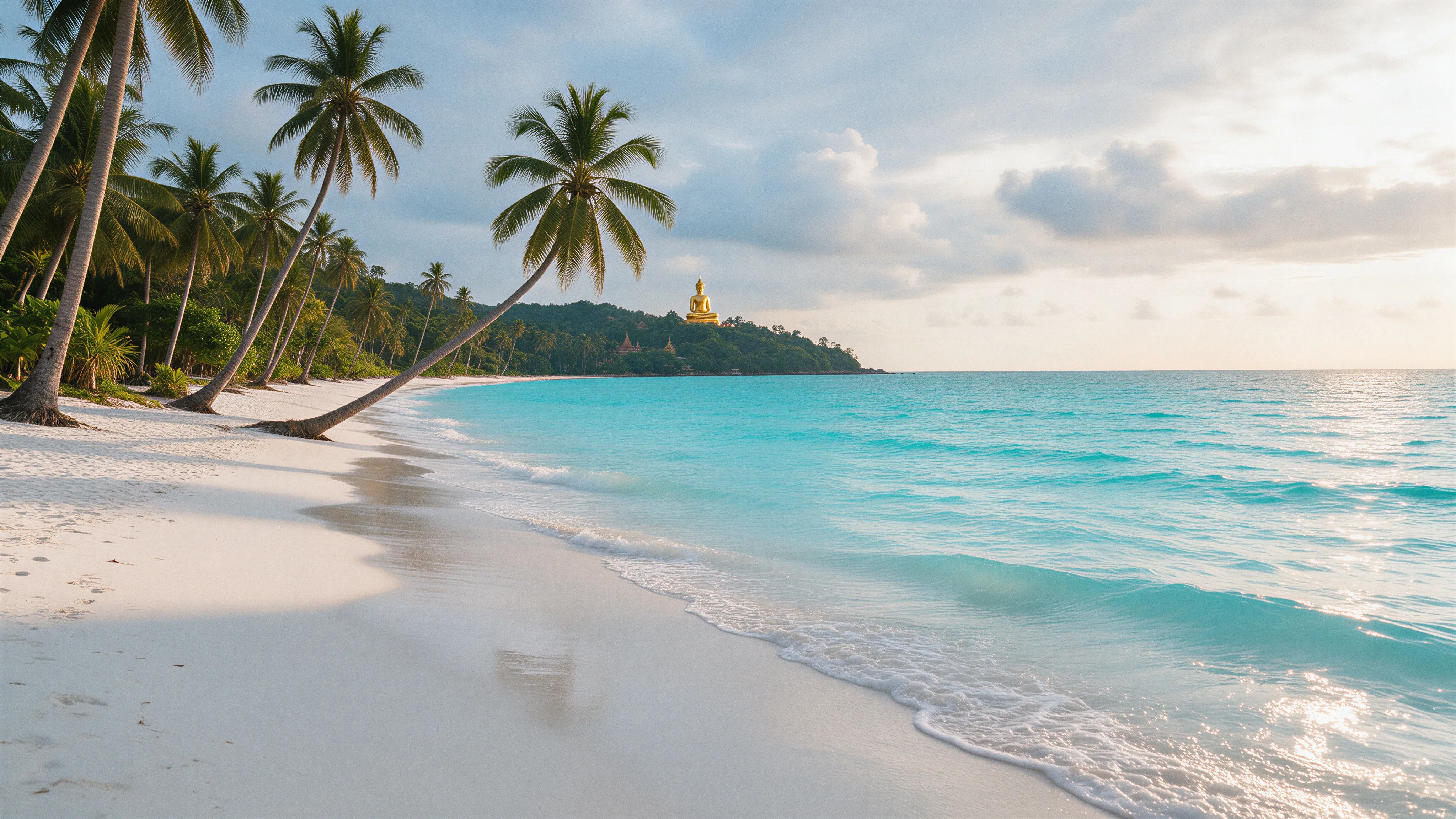 Weißer Sandstrand mit schiefen Kokospalmen und türkisfarbenem Meer, im Hintergrund eine goldene Buddha-Statue auf einer Landzunge auf Koh Samui