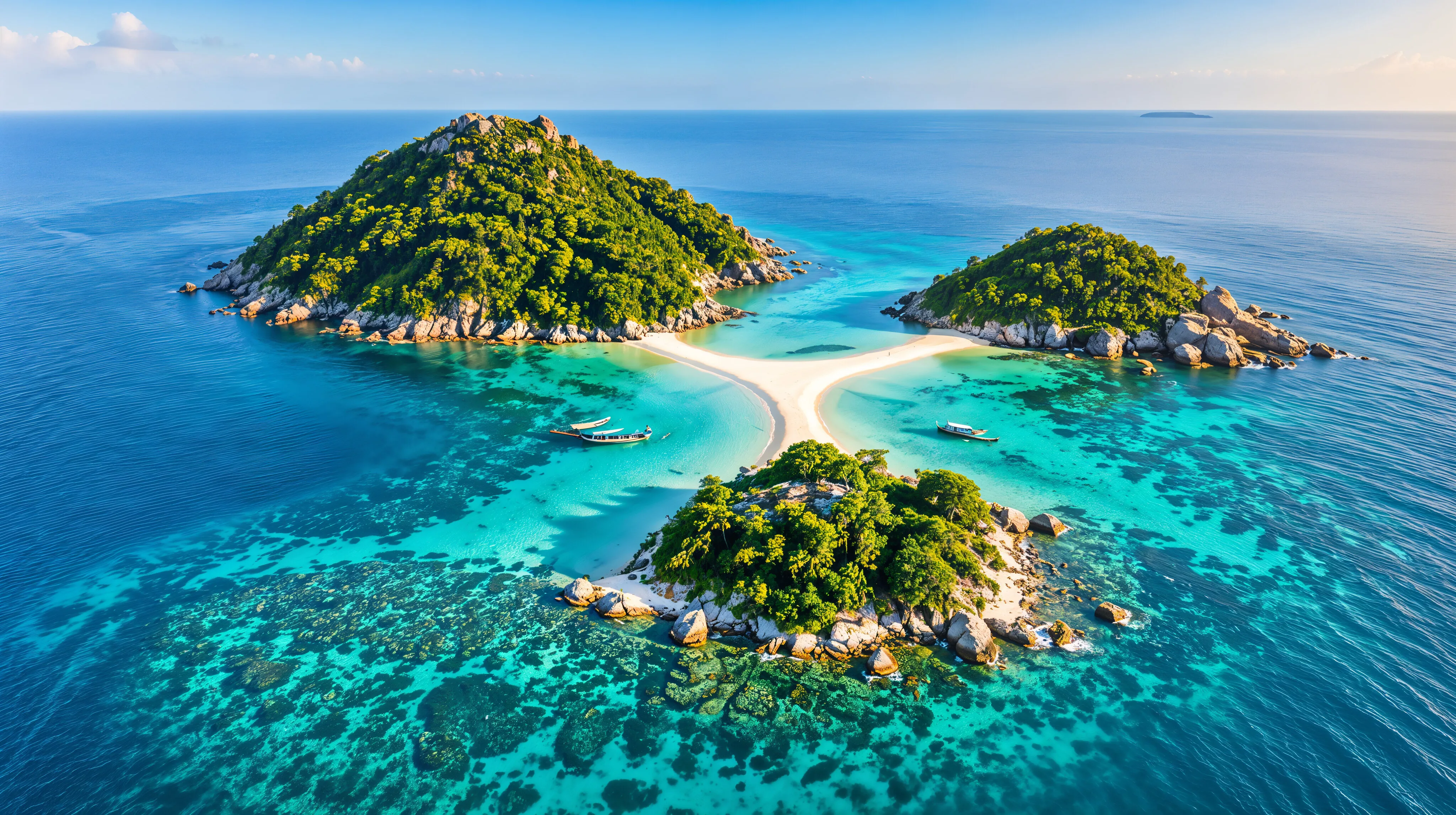 Drei kleine grüne Inseln, durch eine weiße Sandbank verbunden, umgeben von klarem türkisfarbenem Wasser bei Koh Tao