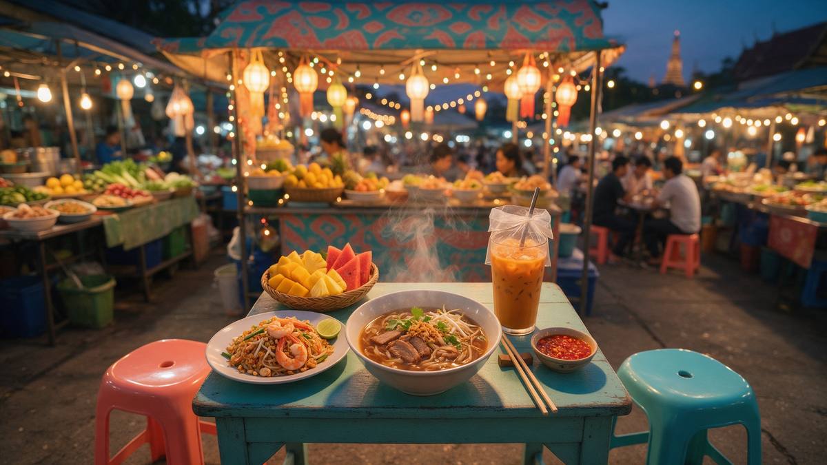 Nachtmarkt-Garküche mit Pad Thai, Nudelsuppe, Obstkorb und Thai-Eistee auf türkisfarbenem Tisch, dahinter Laternen und Tempel