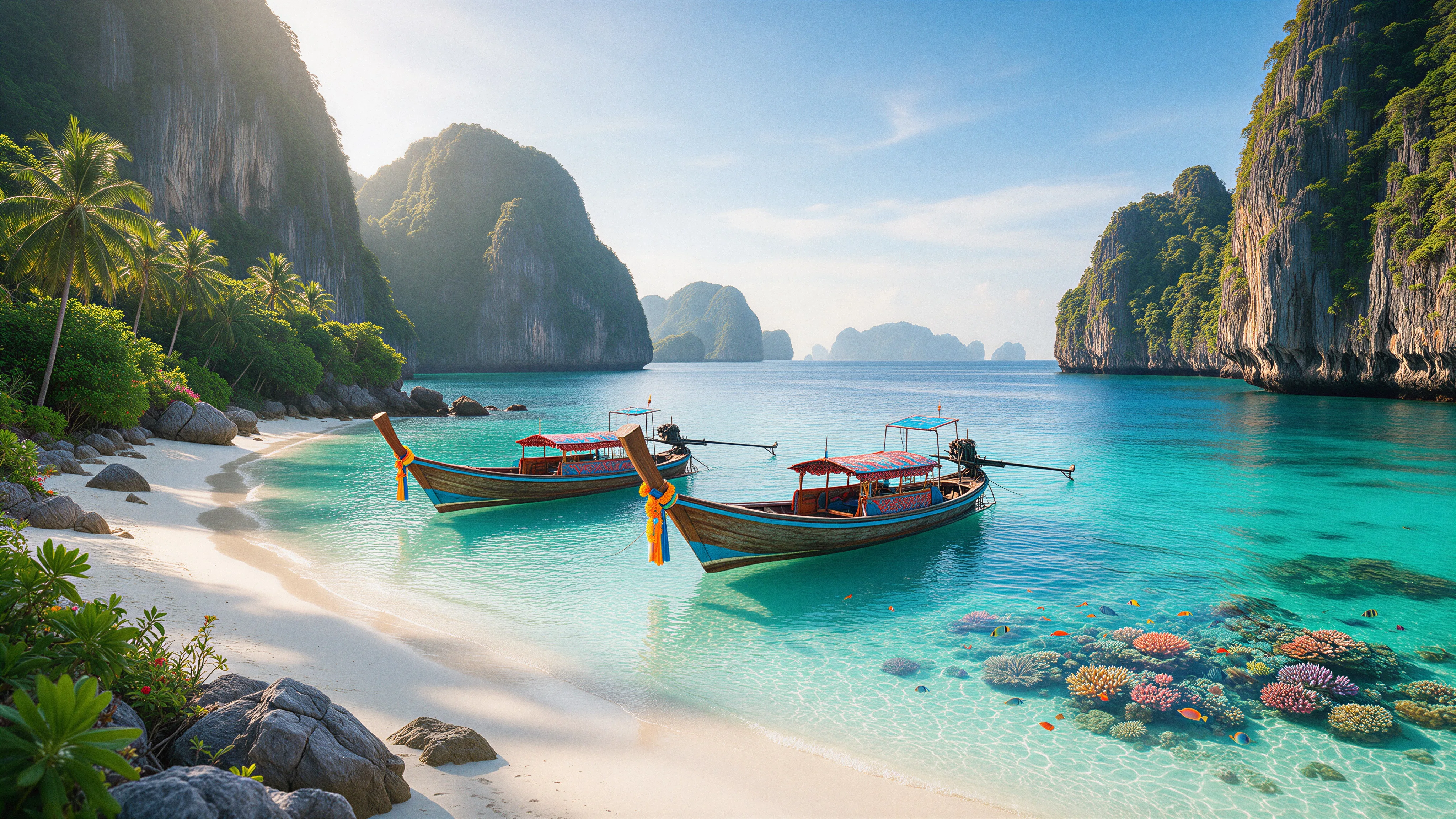 Zwei Longtailboote in einer türkisfarbenen Bucht mit weißem Sandstrand, Kalkfelsen und Korallen bei Krabi und den Phi-Phi-Inseln
