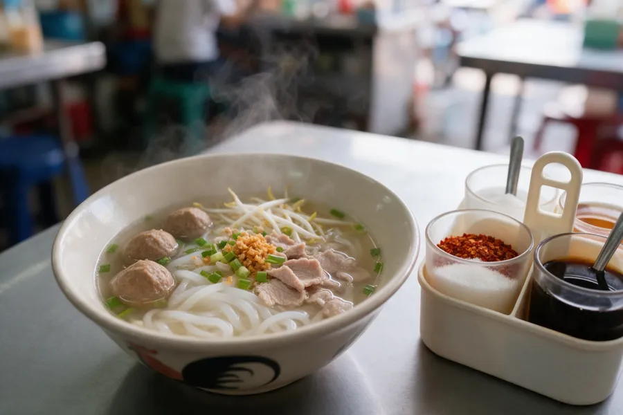 Kuay Teow (Nudelsuppe) an einem Straßenstand in Thailand