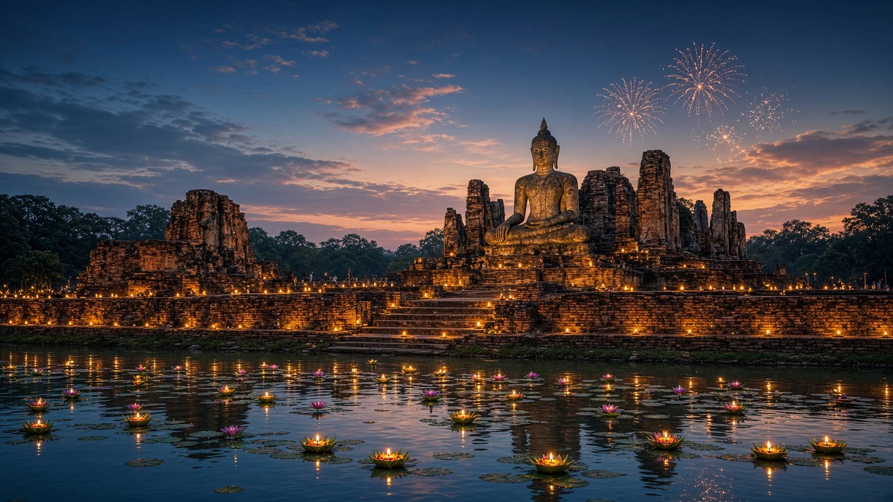 Alte Backstein-Tempelruinen und ein sitzender Buddha im Geschichtspark Sukhothai in der Dämmerung, Öllämpchen entlang der Mauern, Krathong mit Kerzen auf einem Lotusteich und Feuerwerk am blauen Himmel