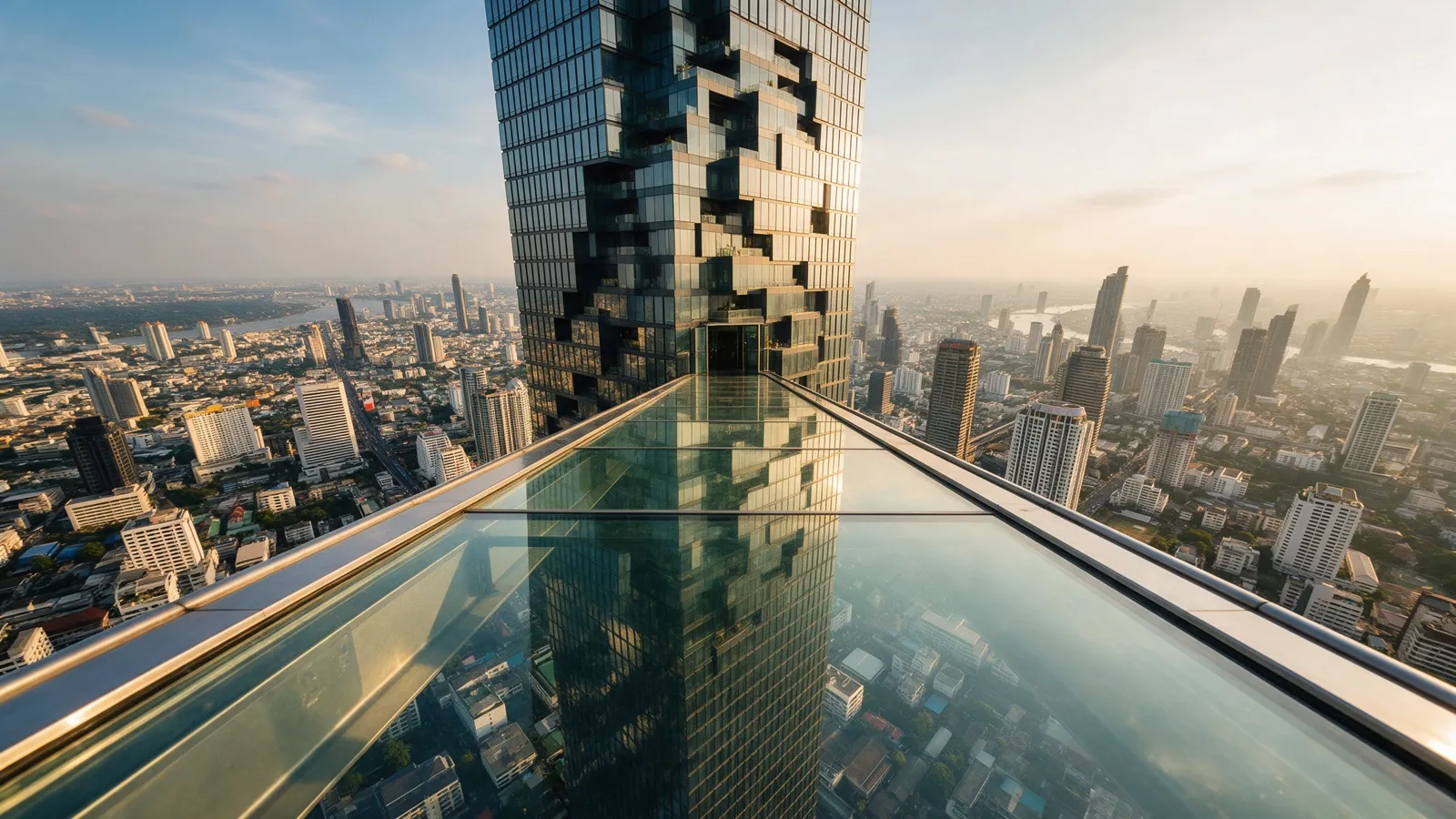 The pixel-patterned Mahanakhon Tower rises above the high-rises of Silom in Bangkok