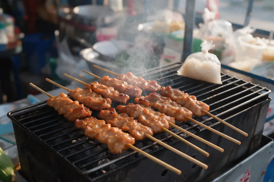 Moo Ping (Schweinespieße vom Grill) an einem Straßenstand in Thailand