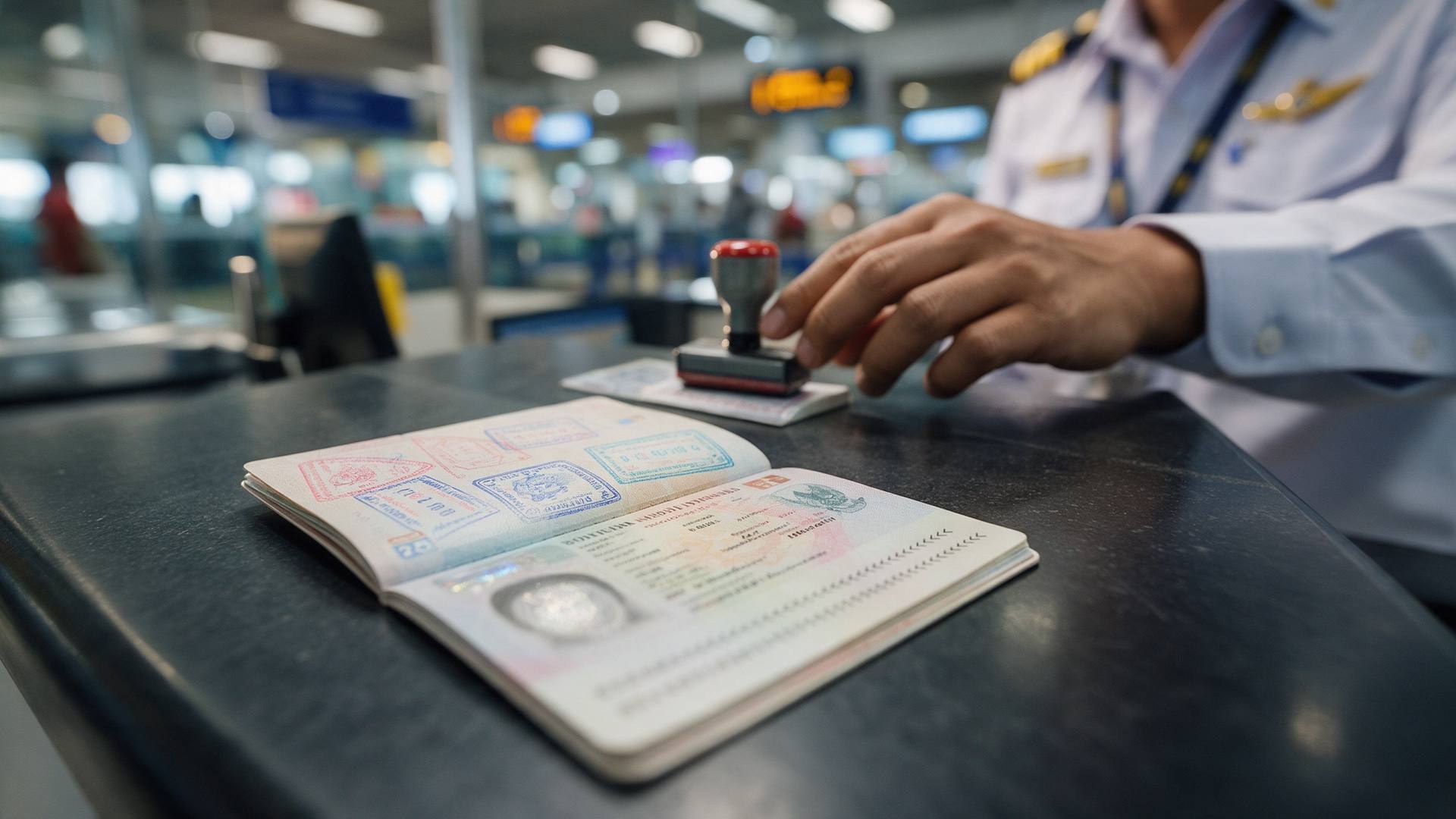 Passaporte com carimbo de entrada sobre um balcão de controle, ao fundo um agente da imigração desfocado