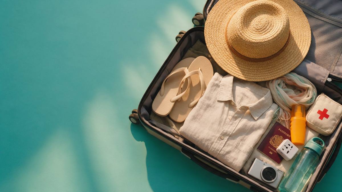 Geöffneter Koffer auf türkisfarbenem Untergrund mit Strohhut, Flip-Flops, Leinenhemd, Schal, Sonnencreme, Reiseapotheke, Reisepass, Reiseadapter, Kamera und Trinkflasche