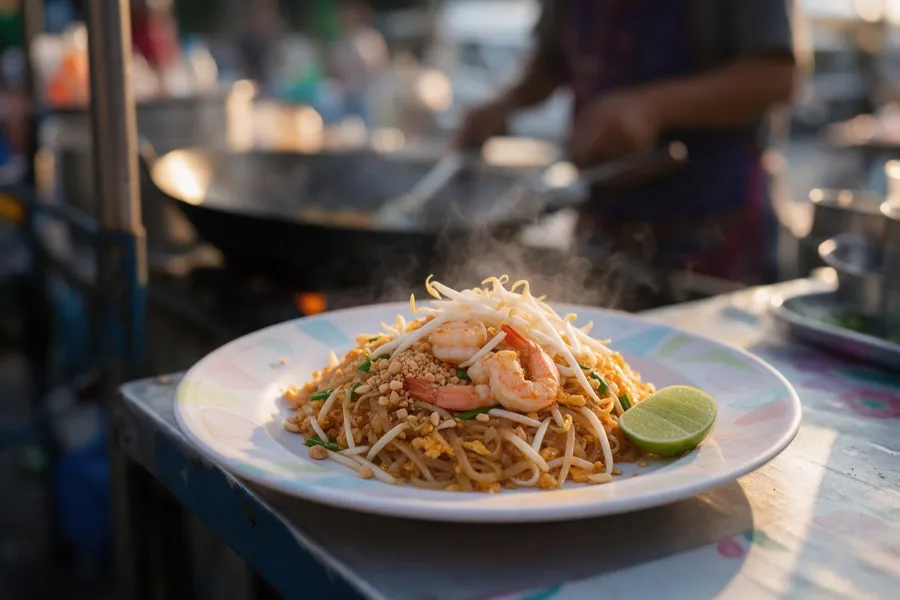 Pad Thai mit Garnelen an einem Straßenstand in Thailand