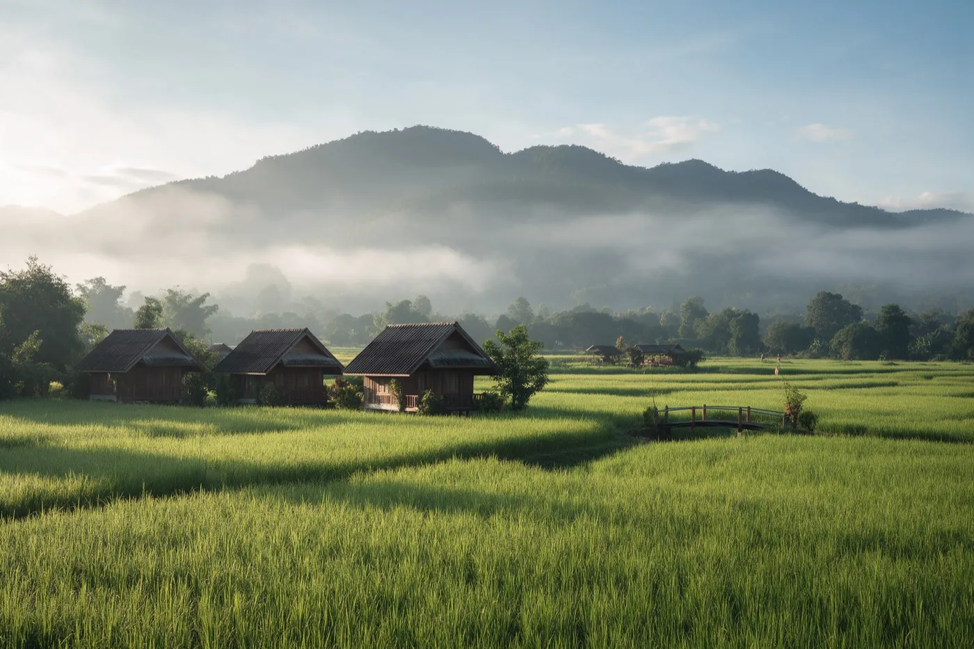 Holzbungalows zwischen Reisfeldern und Nebelbergen bei Pai