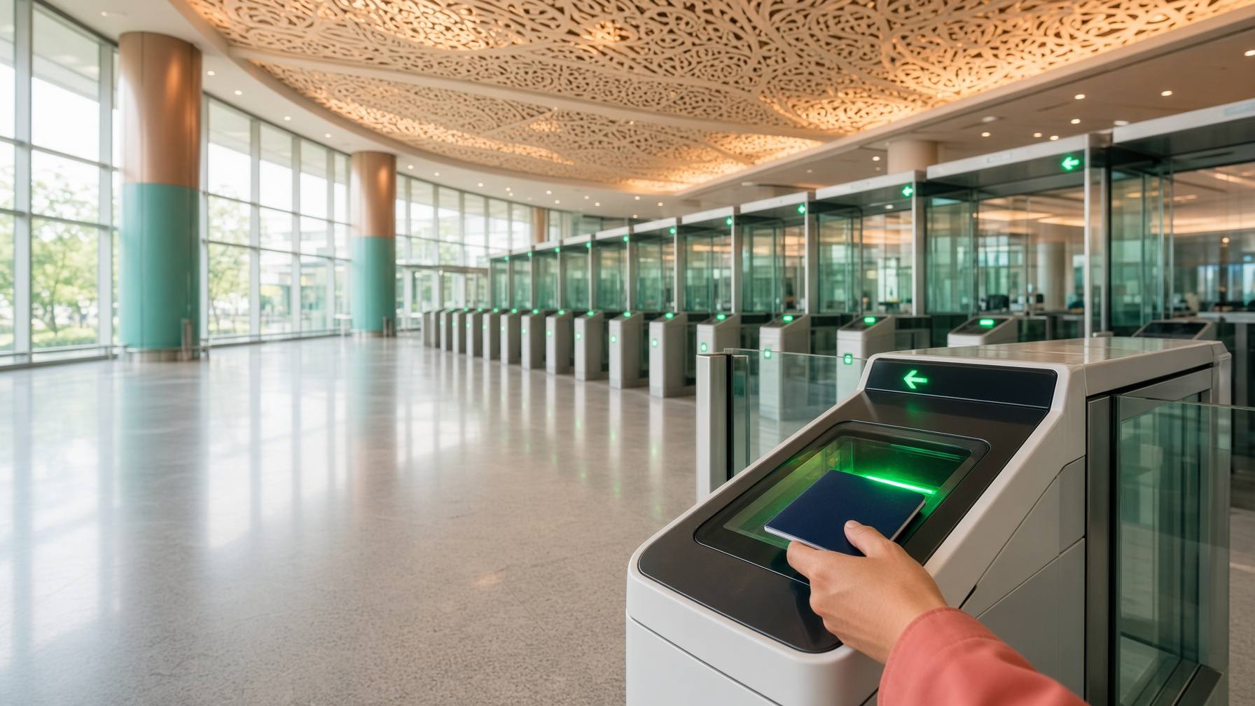 Ankunftshalle am Flughafen Bangkok mit einer langen Reihe automatischer Passkontroll-Gates, im Vordergrund legt eine Hand einen Reisepass auf den Scanner