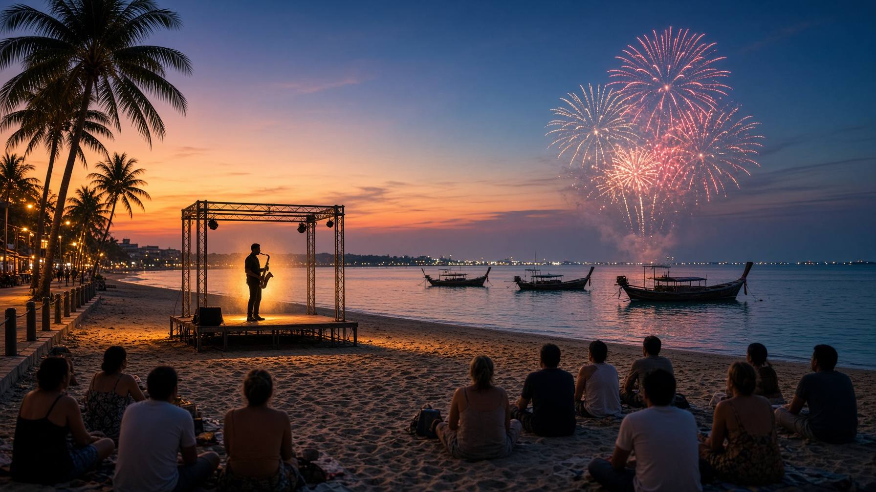 Pattaya beach at dusk: a stage with a saxophonist in the spotlight, the audience seen from behind on the sand, fireworks over the bay and longtail boats