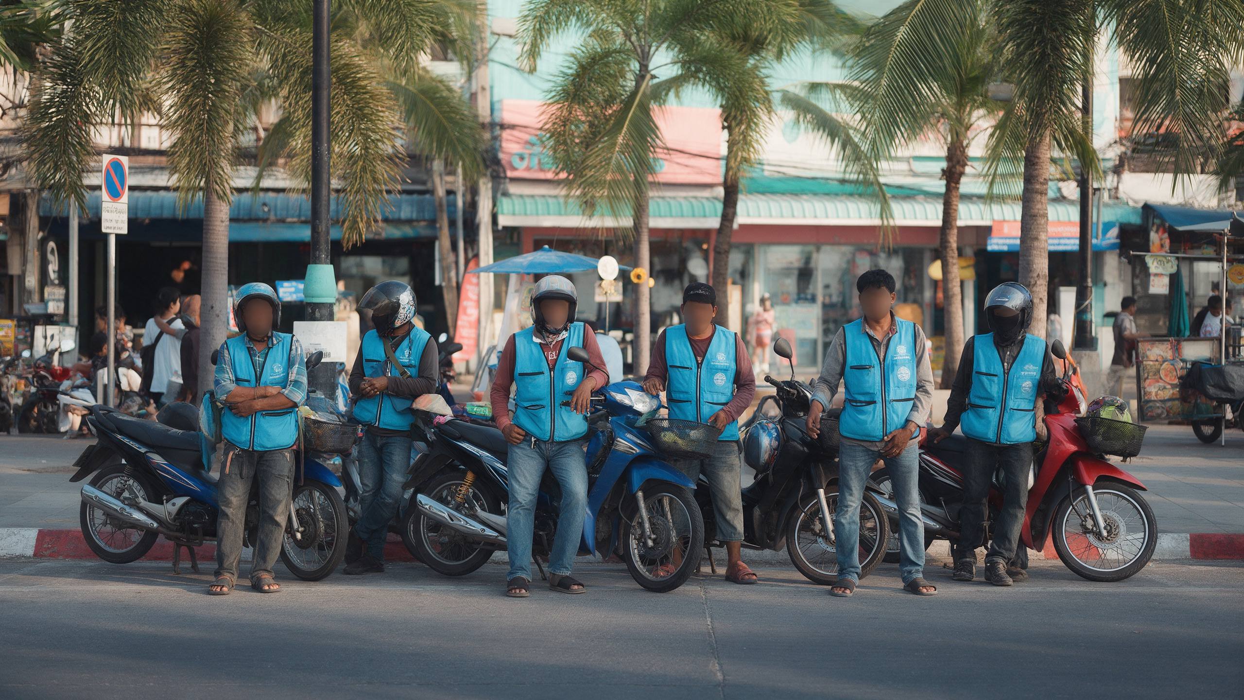 Motorradtaxi-Fahrer in blauen Westen warten neben ihren Motorrädern an einer Straße in Pattaya