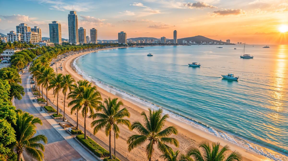 Strandpromenade von Pattaya am Abend mit Palmen, geschwungener Bucht und Hochhäusern im Hintergrund