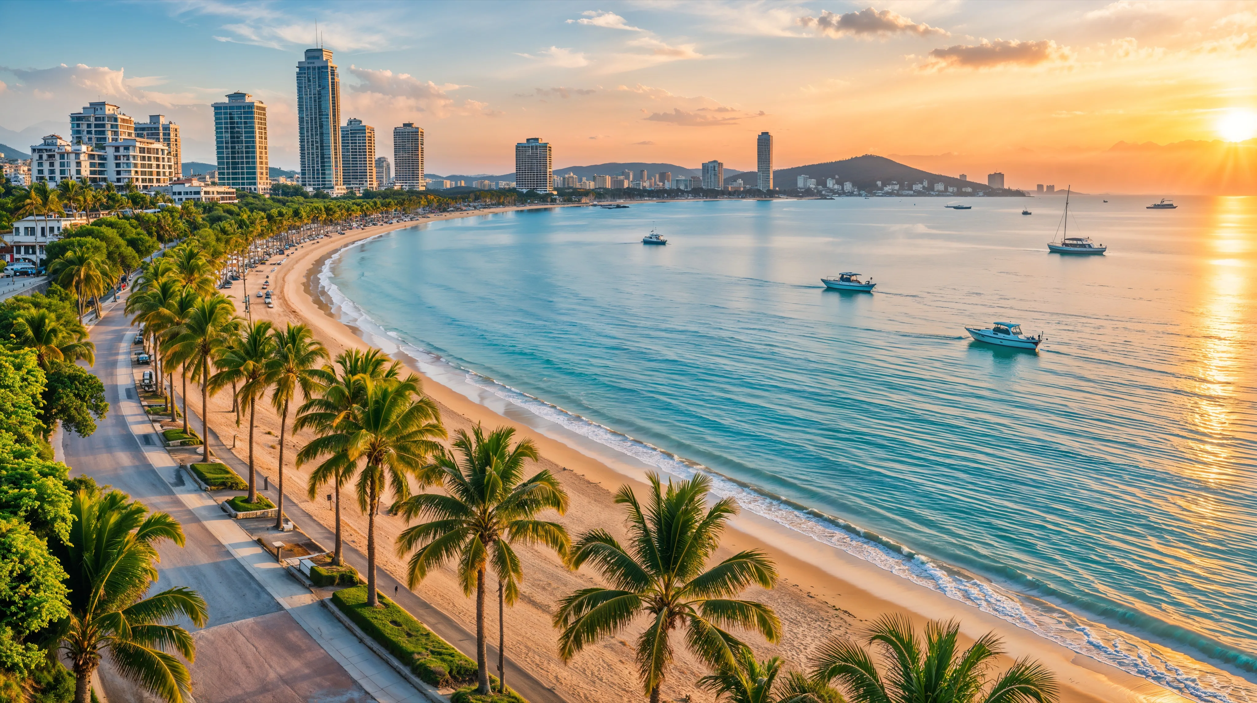 Strandpromenade von Pattaya am Abend mit Palmen, geschwungener Bucht und Hochhäusern im Hintergrund