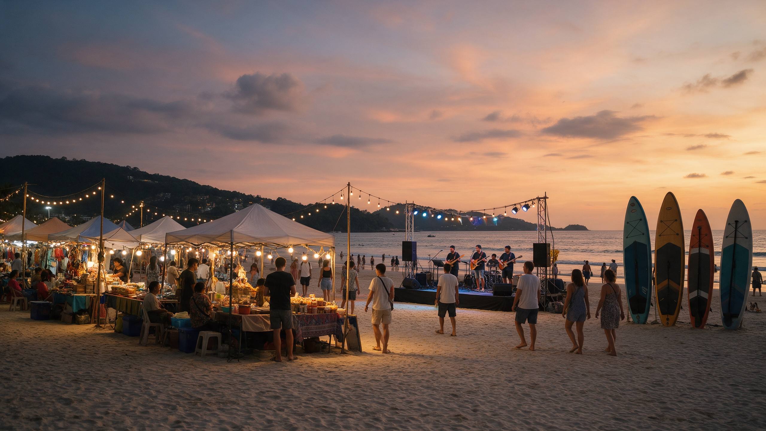 Abendlicher Strand in Patong mit Marktständen und Lichterketten, einer kleinen Bühne mit Band und aufgestellten Stand-up-Paddleboards im Sand unter orangem Dämmerhimmel
