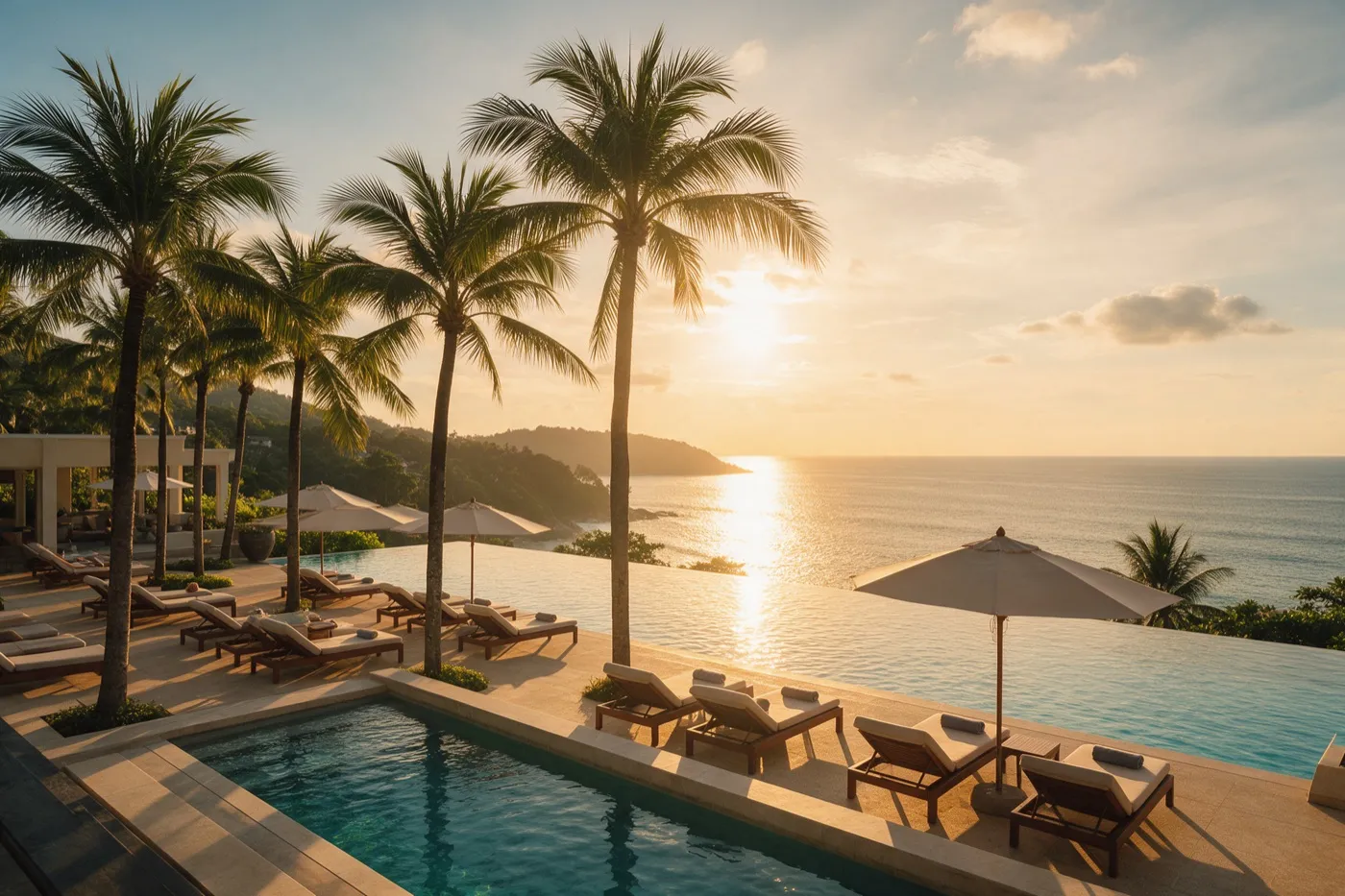 Hotelpool mit Liegen und Palmen bei Sonnenuntergang am Meer auf Phuket