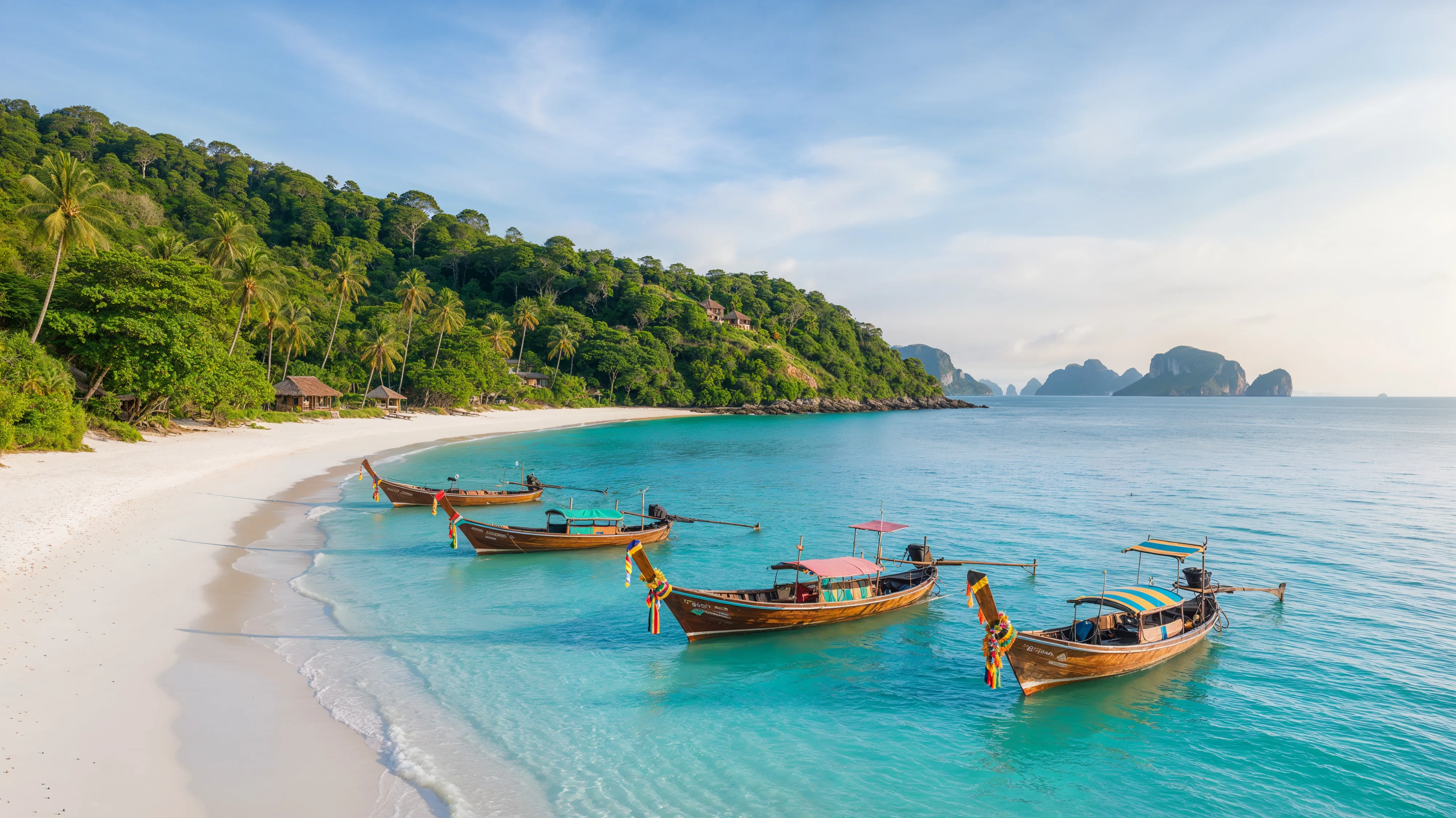 Weißer Sandstrand auf Phuket mit Longtailbooten im türkisfarbenen Wasser der Andamanensee, dahinter grüne Hügel