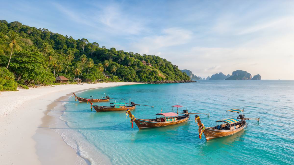 Weißer Sandstrand auf Phuket mit Longtailbooten im türkisfarbenen Wasser der Andamanensee, dahinter grüne Hügel