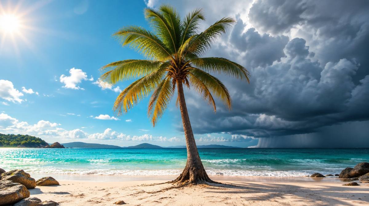 Palme an einem Sandstrand: links Sonne und türkisfarbenes Meer, rechts eine dunkle Gewitterfront mit Regenschauer