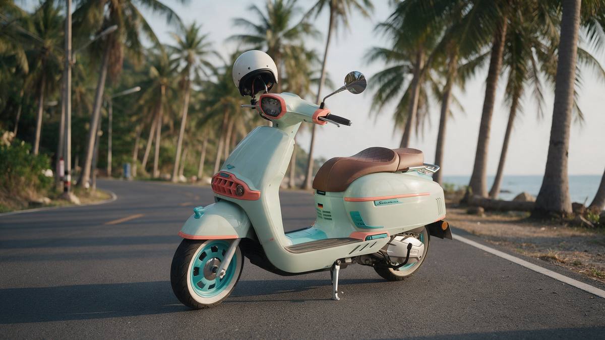 Mintgrüner Roller mit weißem Helm am Spiegel an einer Küstenstraße mit Palmen