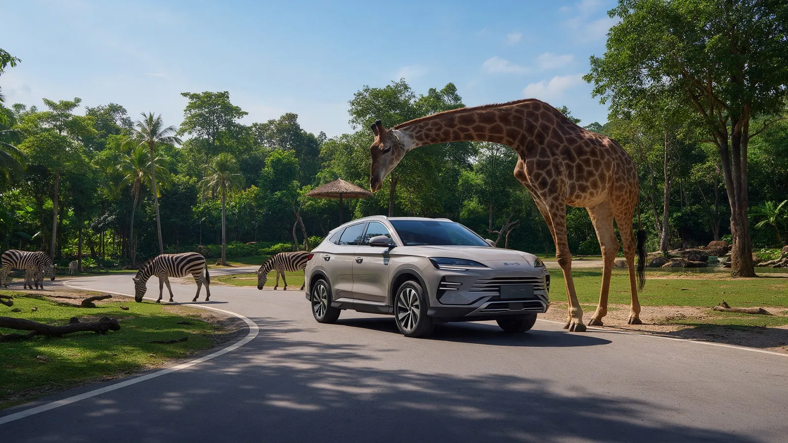 Eine Giraffe streckt den Kopf zu einem Fahrzeug im Safari Park von Bangkok