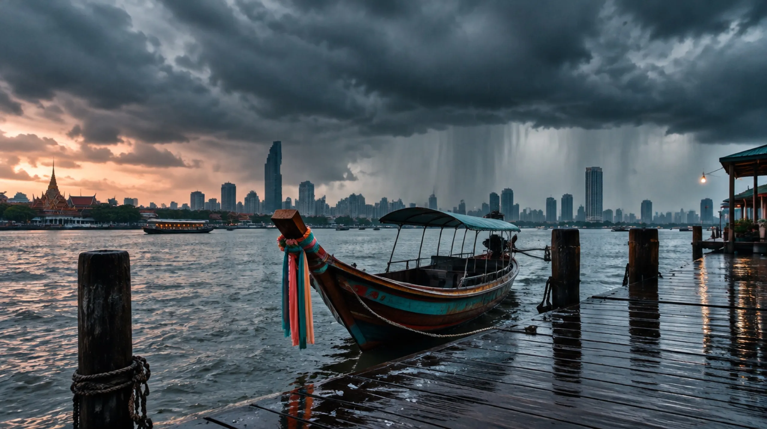Nuvens escuras de chuva sobre Bangkok e o Chao Phraya, barco longtail no píer